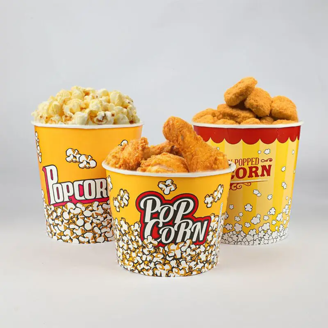 заказать Ведра и стаканы из картона для попкорна с круглым дном купить печать