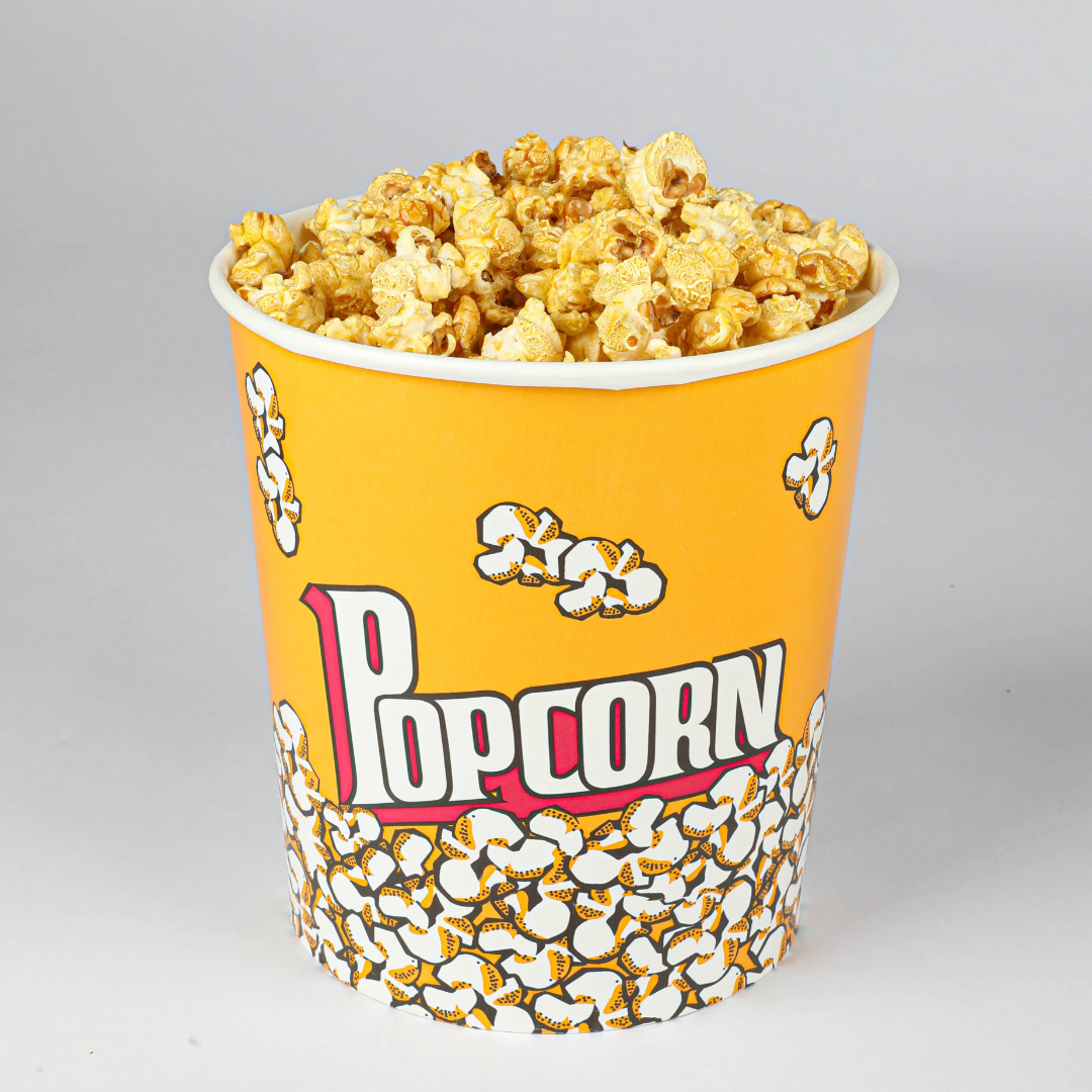 Ведра и стаканы из картона для попкорна с круглым дном купить печать
